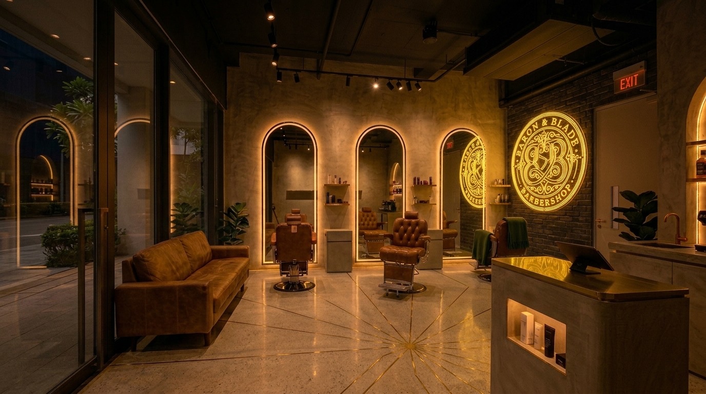 The room, three arched lit niches, leather chairs, brass inlay in the terrazzo floor