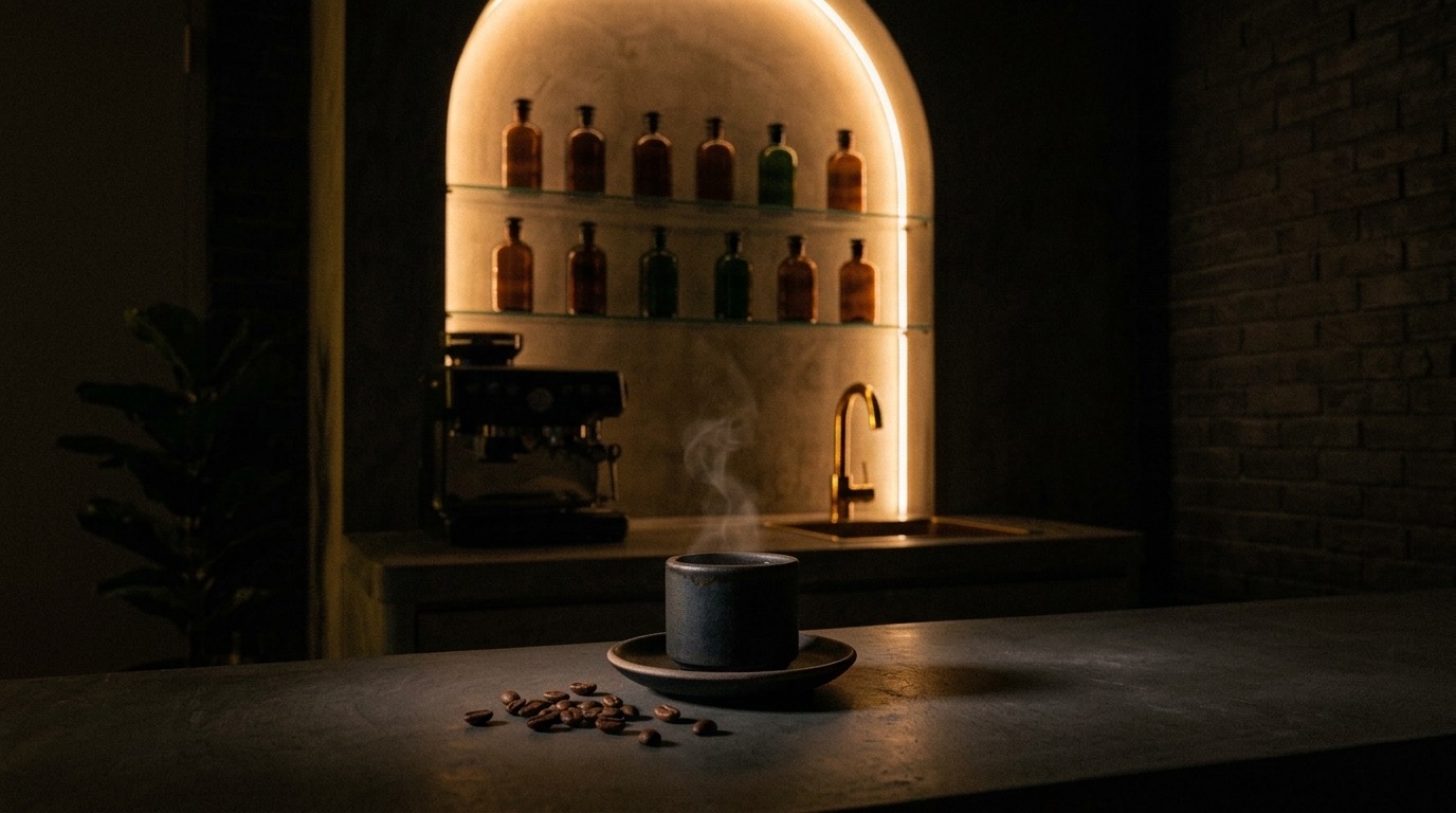 An espresso on the counter beside the machine, the lit niche above